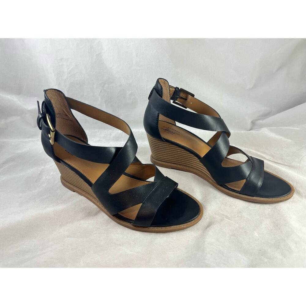 GH Bass Renae Sandals Stacked Wedge Heel Black Cross Straps US Size 7.5 M